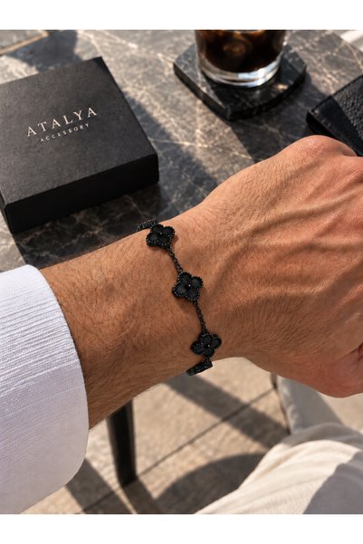 ATALYA ACCESSORY Siyah Renk Yonca Model Çelik Erkek Bileklik -Kararmaz - Çift...