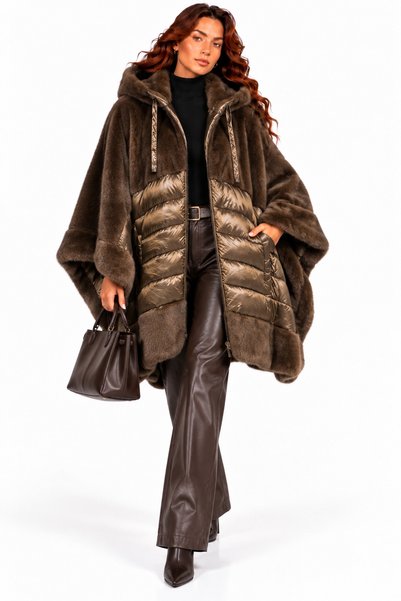 FUREVER FASHION Kadın Kahverengi Vizon Görünümlü Suni Kürk Kapüşonlu Oversize...