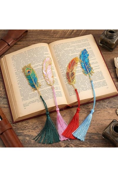TERRIFI مجموعة فواصل كتب معدنية على شكل ريشة، 4 قطع فواصل كتب عتيقة مع شراشيب...