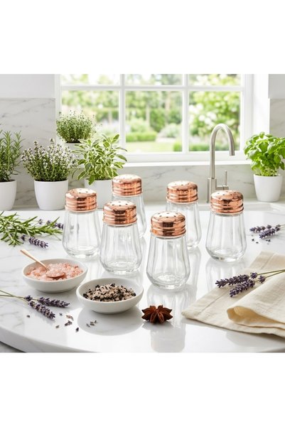 LOVYCO 6-Piece Rose Gold Glass Salt and Spice Container Set with Lids - Stylish Design Kitchen Tableware Organizer