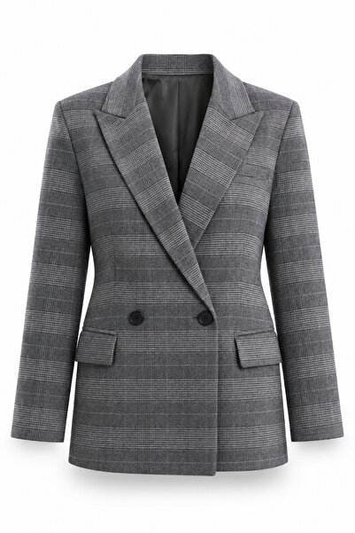 5in1Canpolat Gray Plaid Pattern Blazer Jacket 03020