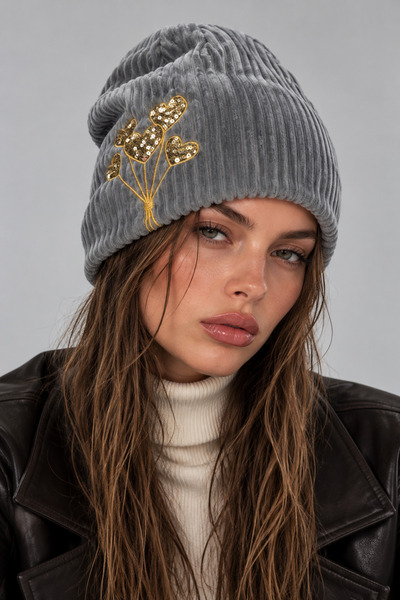 la polario Love Bubbles Gold Sequin Heart Detailed Fleece Inside Women's Corduroy Beanie