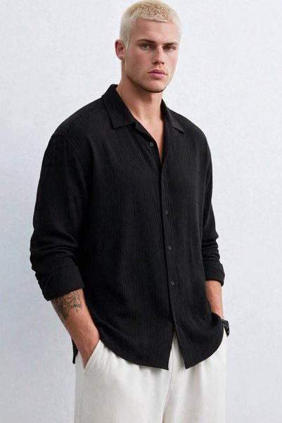BARRELS AND OIL Men's Long Sleeve Tree Bark Shirt - Black
