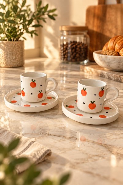 Trouvaille Orange Patterned Ceramic Turkish Coffee Cup Set for 2 People, 4 Pi...