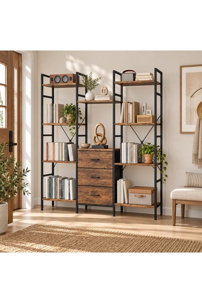 Generic Bookshelf with Drawers, Industrial Storage Shelf for Home Office