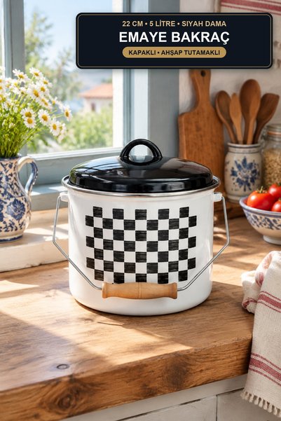 viracasa Enamel Bakraç 22 cm 5 Liter Black Checkered Lid Wooden Handle Milk a...
