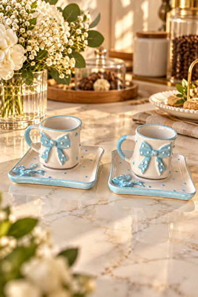 Trouvaille Blue Bow Patterned 2-Person Ceramic Turkish Coffee Cup Set 4 Piece...