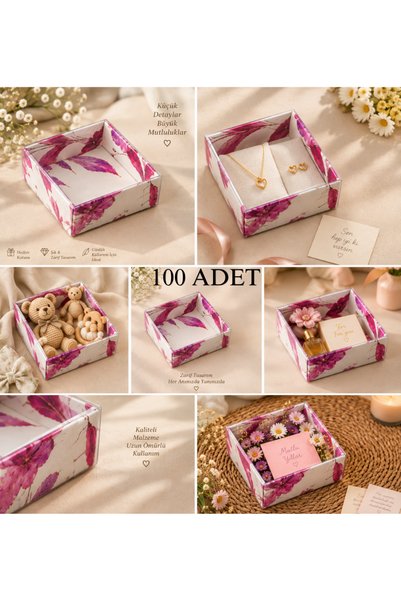 Dora Accessories 100 Adet 8x8x3 Desenli Selefonlu Çiçekli Asetat Kutu Düğün Nişan Kına Hediyelik Kutu Kargo Kutusu