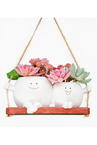 Generic White Swing Face Planter Pot, Hanging Swinging Smiley Planter, Cute P...