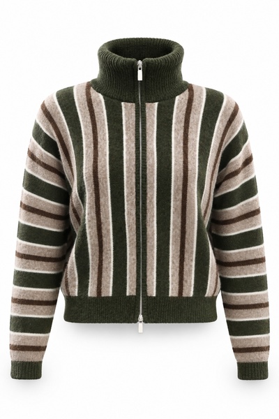 5in1Canpolat Khaki Striped Wool Blend Cardigan 261048