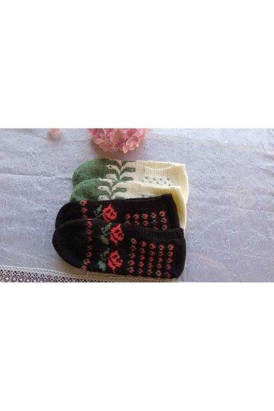 Bircan Hediyelik Green and Black Booties, 2 Pairs, Five Pairs Hand-Knitted