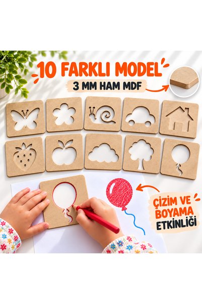 TOTTERİQ Montessori Eğitici Ahşap Boyama Şablon Seti 10 Model 3 mm Ham MDF eğ...