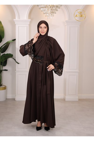 Kadın Kahverengi Çift Kloş Dantel Detaylı Abaya