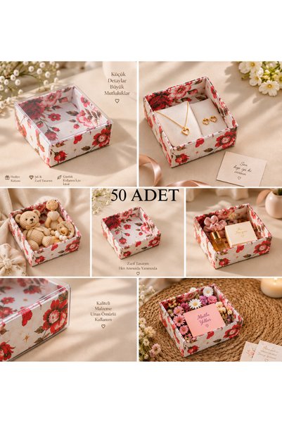 Dora Accessories 50 Adet 8x8x3 Desenli Selefonlu Kırmızı Gül Asetat Kutu Düğün Nişan Kına Hediyelik Kutu Kargo Kutusu