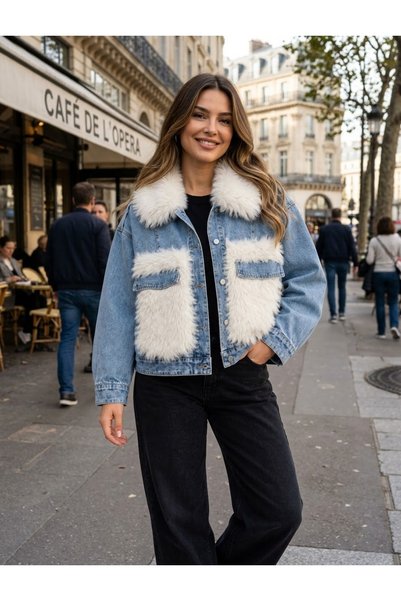 Trend Marfa Kürklü Kot Denim Ceket