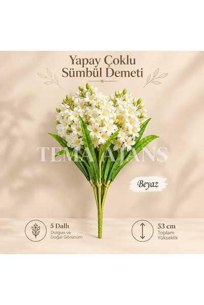 TEMA AJANS SÜS Yapay Çoklu Sümbül Demeti 53 cm 5 Dallı Beyaz