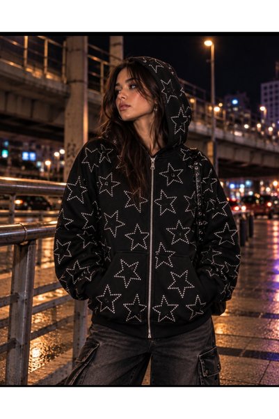 eyonnwear Unisex Black Star Stone Detailed Oversize Zippered Cardigan Sweatshirt