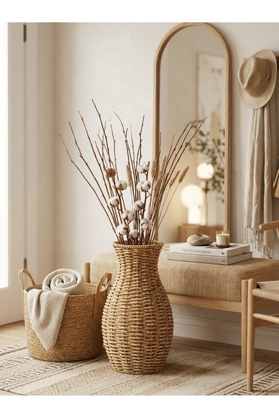 LOVYCO Vază din răchită naturală, realizată manual - Vază decorativă în stil boho cu flori uscate și pampas - Decorațiuni estetice pentru casă