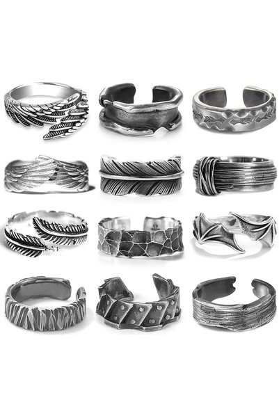 Tazweeq Vintage Angel Wings Rings, Adjustable Open Punk Style Set for Men (12...