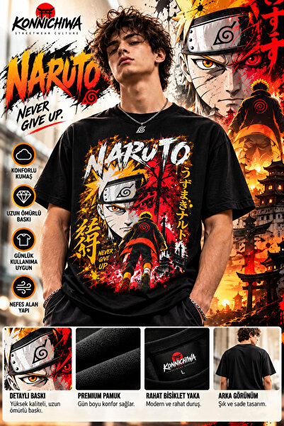 FG KONNİCHİWA Naruto Never Give up Printed Black T-Shirt 🍥   Naruto – Never Give Up! 🔥 ⚡   Never Give Up, Write Your Own Story!