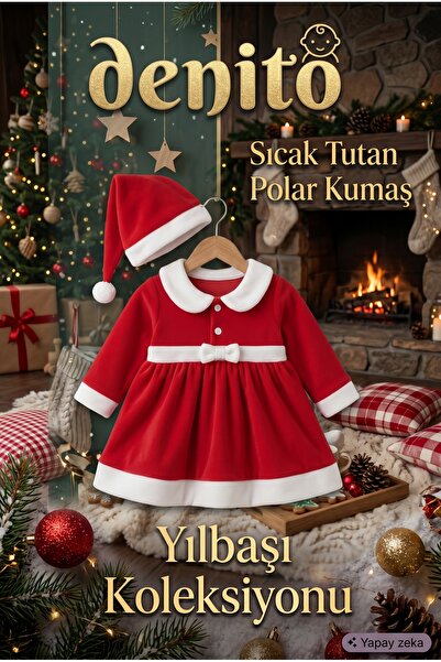 DENİTO Kız Bebek Yılbaşı Kostümü, Şapkalı Kırmızı Noel Baba Bebek Elbisesi Seti