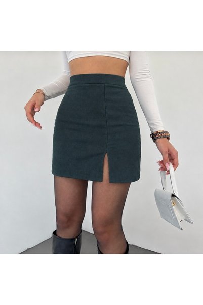 GRİLAND Fusta mini cu șliț, din țesătură elastică neagră, pentru femei, verde...