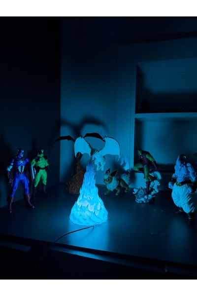 Dest Studio 3D Işıklı Beyaz Ejderha ve Mavi Alev Efektli Gece Lambası (Güçlü Led Modül) (25 cm)
