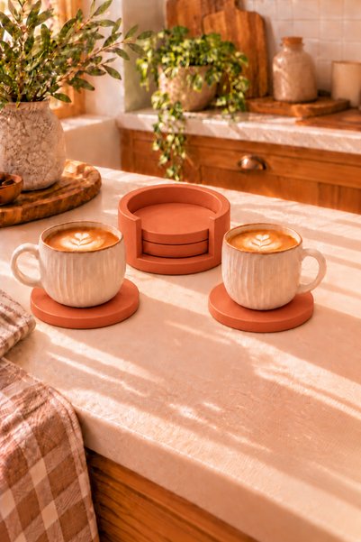 Zigzag Home طقم قواعد أكواب من الخرسانة المزخرفة باللون البرتقالي مكون من 4 قطع مع حامل على الطراز البوهيمي
