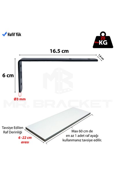 MR.BRACKET 6x16.5cm - 4 ad. Gümüş Modern Çelik Raf Altı Tutucu Ayak - Metal L Demir Dolap Sabitleme Aparatı