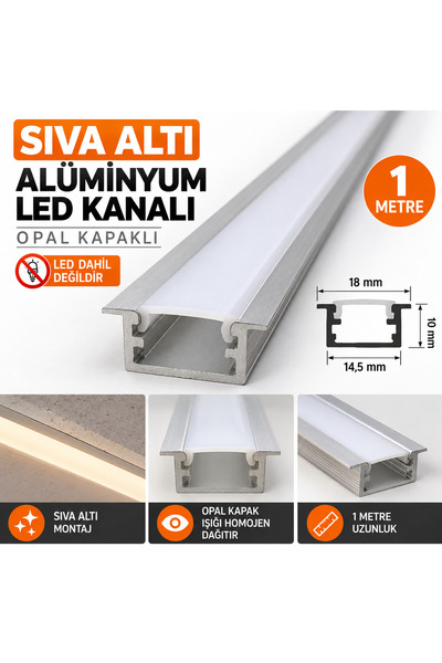 Home Sıva Altı Alüminyum LED Kanalı 1 Metre Opal Kapaklı Gömme LED Profil 18 mm