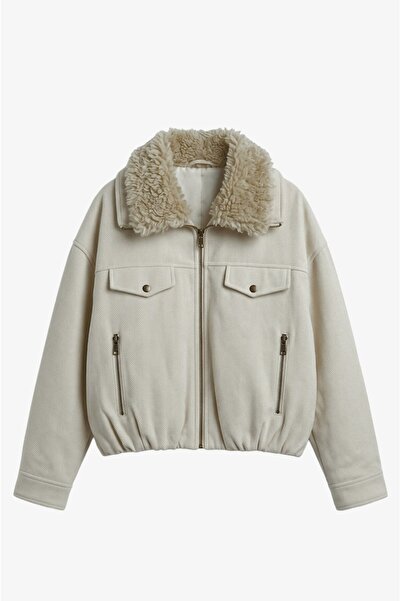 Havoş Ecru Fur Collar Herringbone Pattern Coat