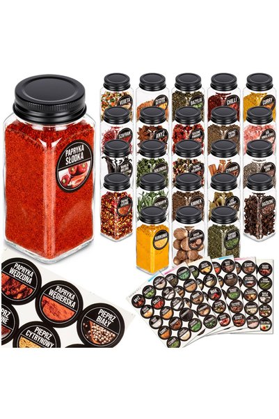 Vilde Set 24 borcane condimente sticla cu 90 etichete, 120 ml, inchidere ermetica, sita