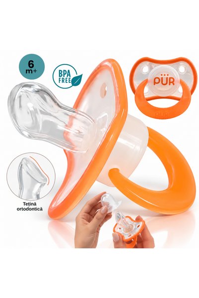 PUR Brand ПУР ®   Ортодонтска залъгалка +6 месеца, Прасковен цвят, Мек силико...