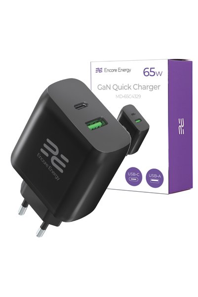 Encore Energy Nou încărcător de perete GaN 65W USB-A + USB-C QC PD MD-65C4329