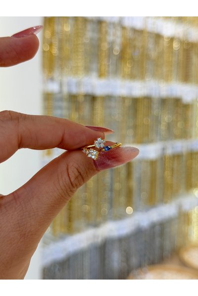 SU PERİSİ TAKI BİJUTERİ Adjustable Gold Blue Zircon Stone Double Daisy Ring