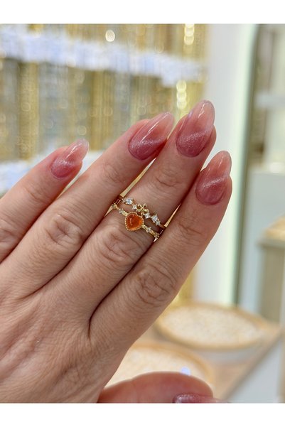 SU PERİSİ TAKI BİJUTERİ Adjustable Gold Orange Zircon Stone Heart Ring