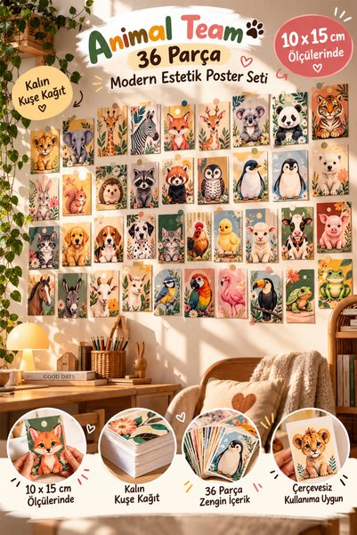 PAMEPAW Modern Estetik Poster Seti Animal Team 36 Parça Çerçevesiz - Kalın Kuşe Kağıt