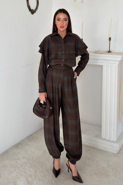Elbee Fashion Woman Kahverengi Pelerinli Ekose Takım