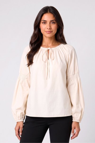 Daphnea Women Tie Neck Textured Long Sleeve Blouse, Cream