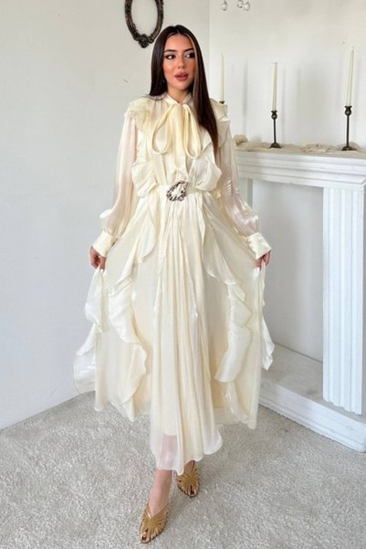 Elbee Fashion Woman Ekru Fırfırlı Tokalı Elbise