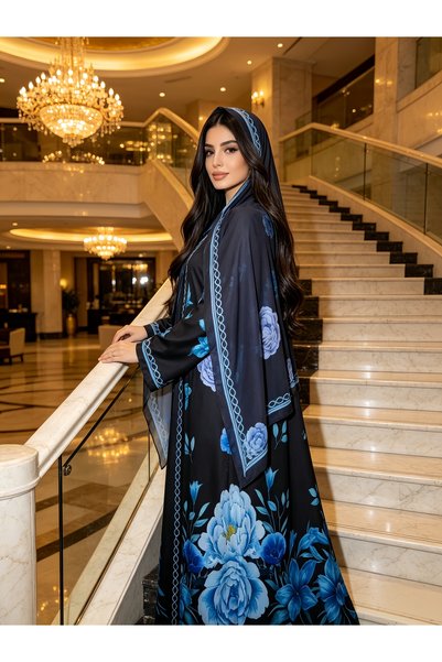 Noon Noora Blue Floral Printed Abaya Set (including headscarf)