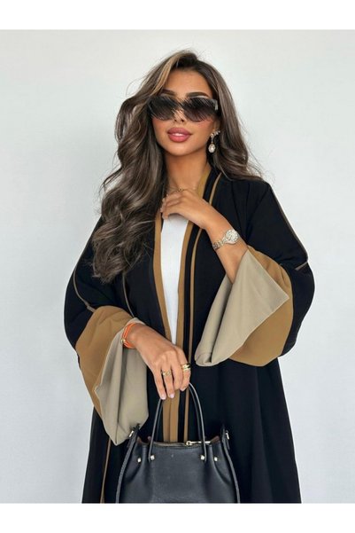 Noon Noora Stylish Abaya Robe with Featured Patchwork Sleeves and Cardigan Coat