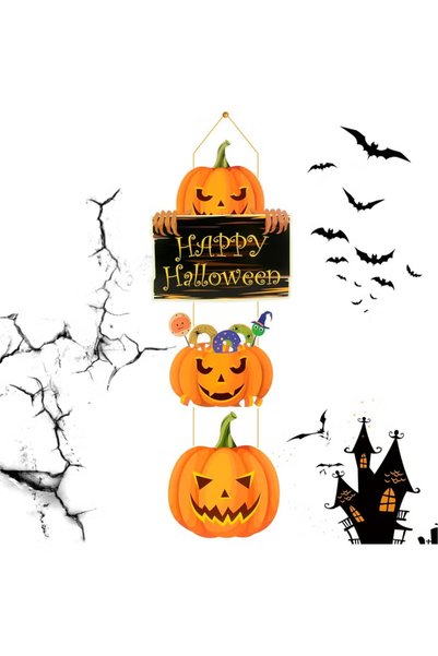 TAPIT Home Decor Happy Halloween Pumpkins Painted Hanging Door Sign Rustic We...
