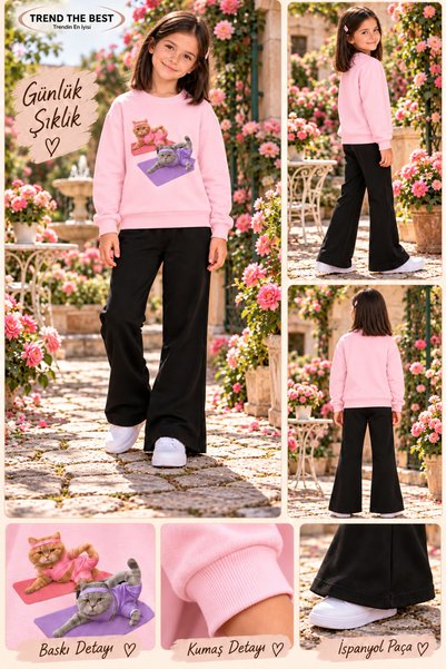 TREND THE BEST Trendin En İyisi Winter, Spring, and Autumn Girls' Black Spanish Flared Bottoms and Pink Sweat Top