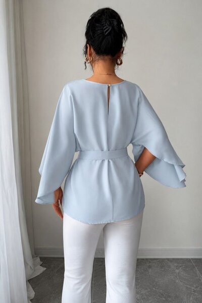 MYSSHOES Women's long sleeve crew neck batwing sleeve belted waist satin blouse