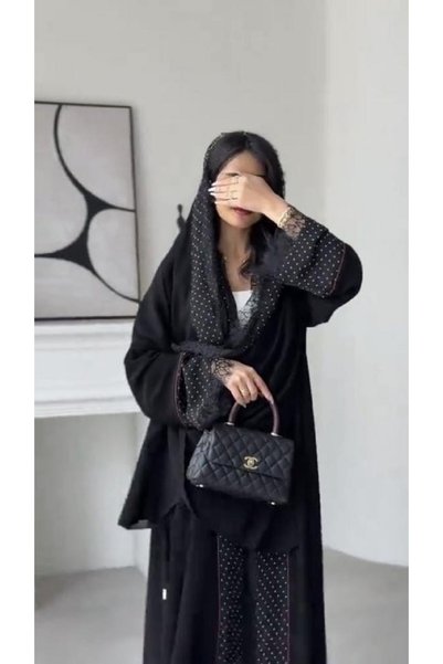 Rosana عباية بيان رسمية سوداء قصة بليزر بياقة منقطة واكمام مزخرفة طقطق كامل