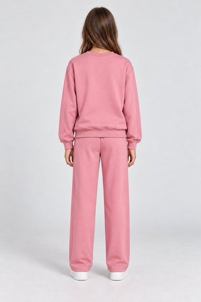 CansınMini Pink Girls' Bow and Stone Decorated, Sequined Side Cuffed Crew Neck Sweatshirt Set 25020