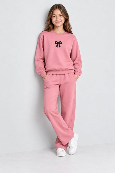 CansınMini Pink Girls' Bow and Stone Decorated, Sequined Side Cuffed Crew Neck Sweatshirt Set 25020