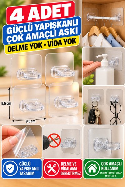 Hane Dostu 4 Adet Güçlü Yapışkanlı Şeffaf Duvar Askısı Delmeden Montaj Çok Am...