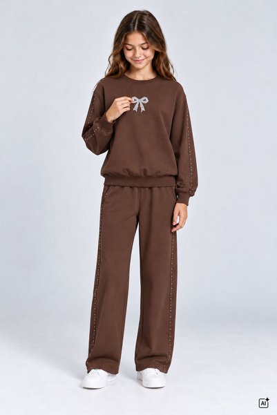 CansınMini Brown Girls' Bow and Stone Decorated, Sequined Side Cuffed Crew Neck Sweatshirt Set 25022